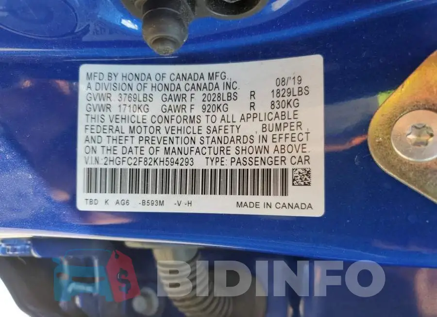 2HGFC2F82KH594293 Photo# 12