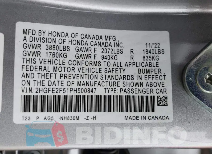 2HGFE2F51PH500847 Photo# 12