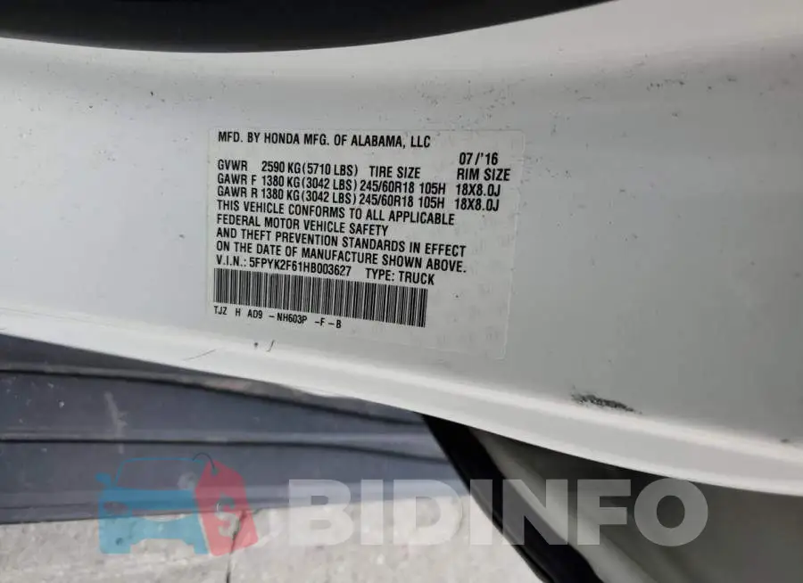 5FPYK2F61HB003627 Photo# 13