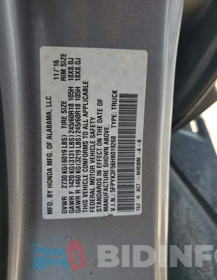 5FPYK3F56HB019268 Photo# 13