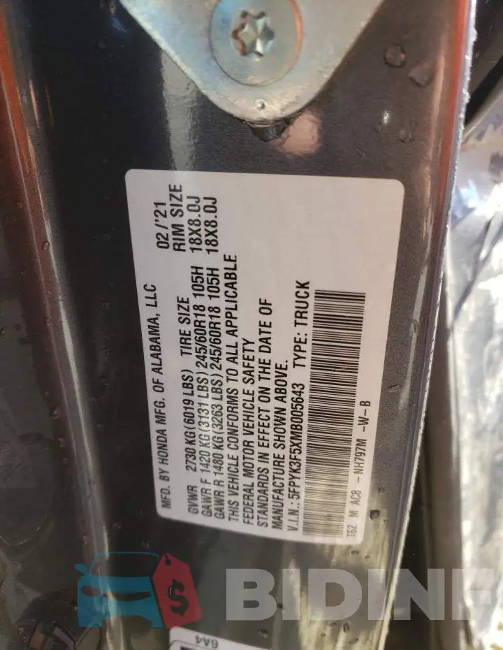 5FPYK3F5XMB005643 Photo# 13