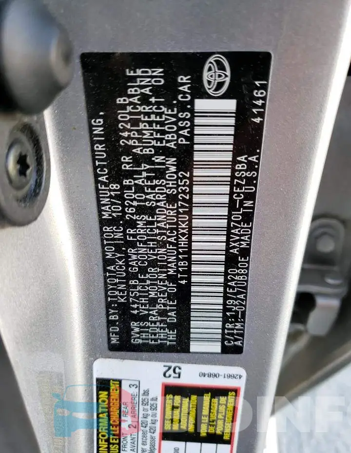 4T1B11HKXKU172352 Photo# 12