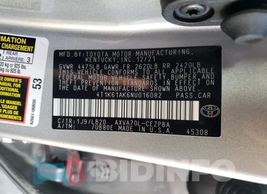 4T1K61AK6NU016082 Photo# 10