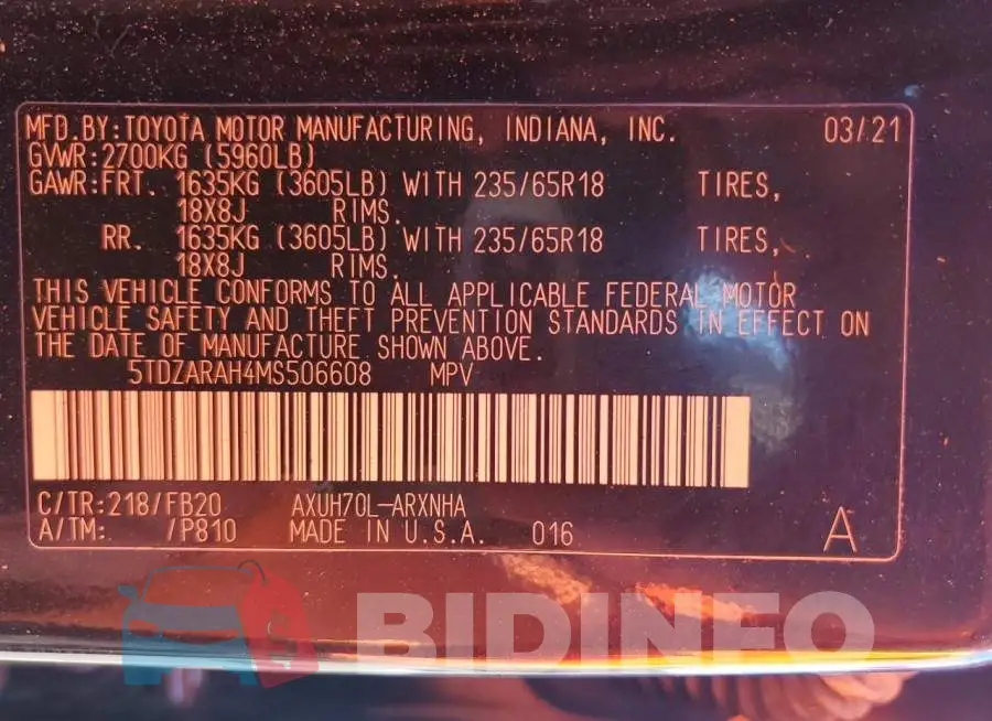 5TDZARAH4MS506608 Photo# 13