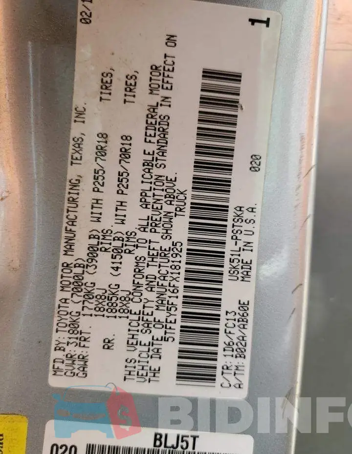 5TFEY5F16FX181925 Photo# 12