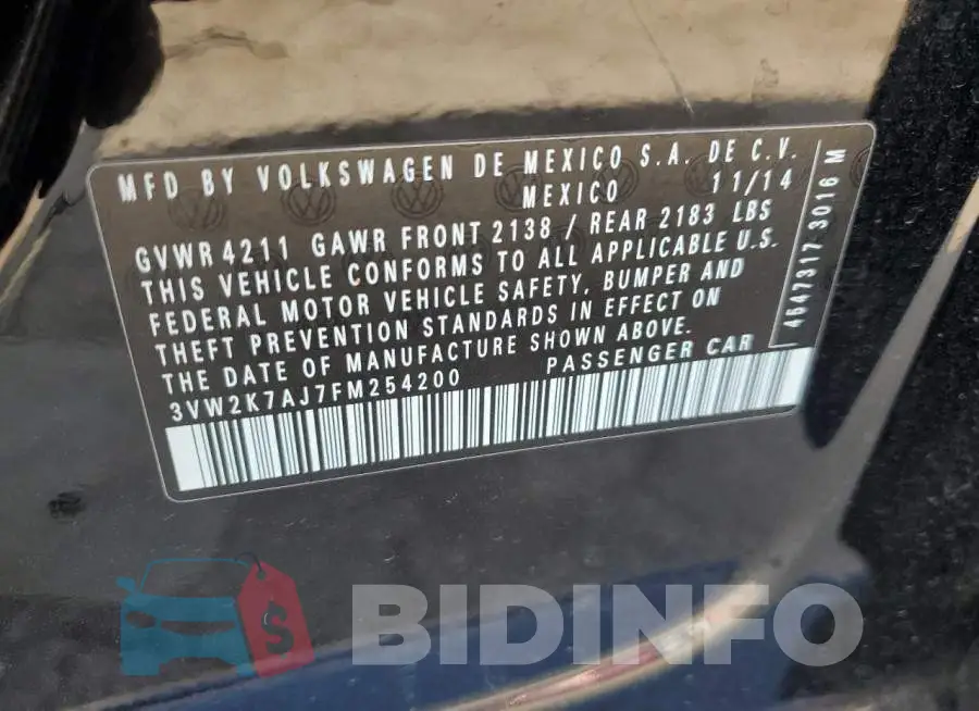 3VW2K7AJ7FM254200 Photo# 12