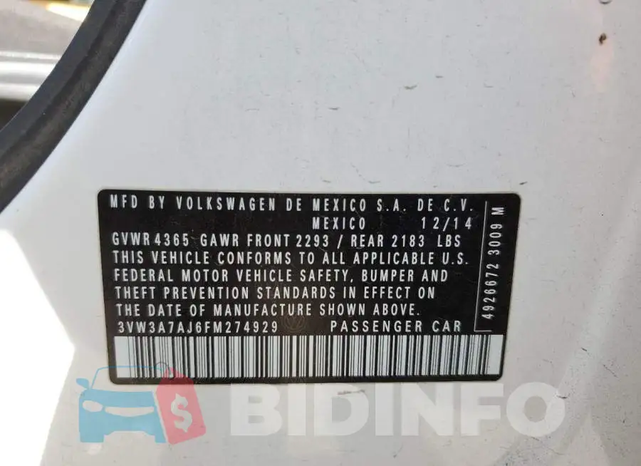 3VW3A7AJ6FM274929 Photo# 12