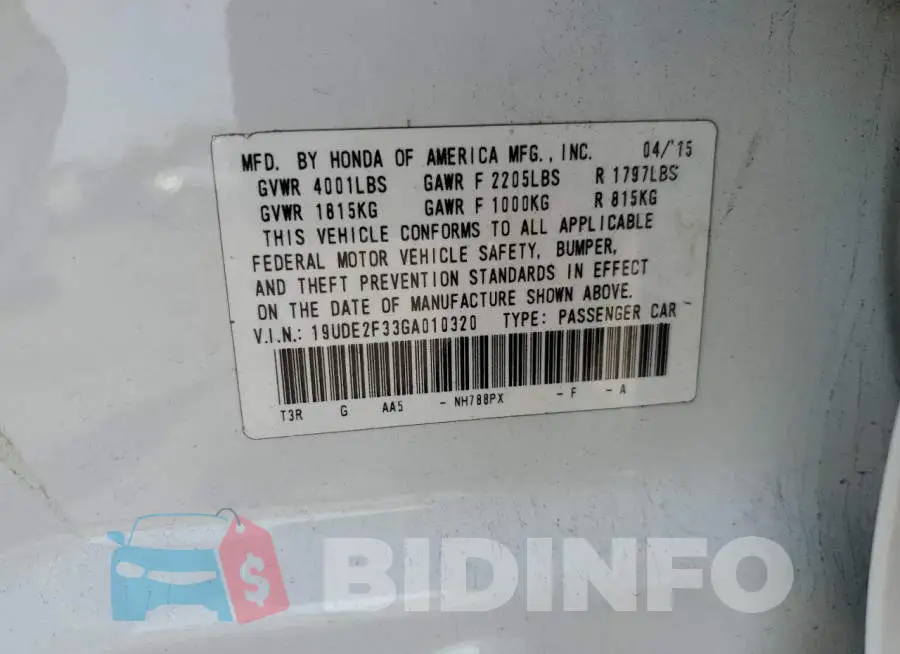 19UDE2F33GA010320 Photo# 13