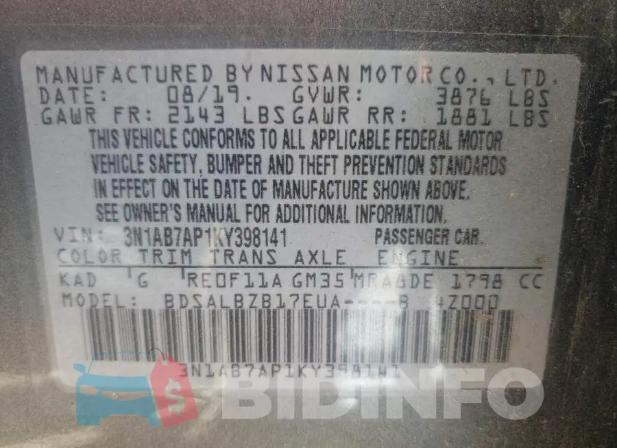 3N1AB7AP1KY398141 Photo# 13