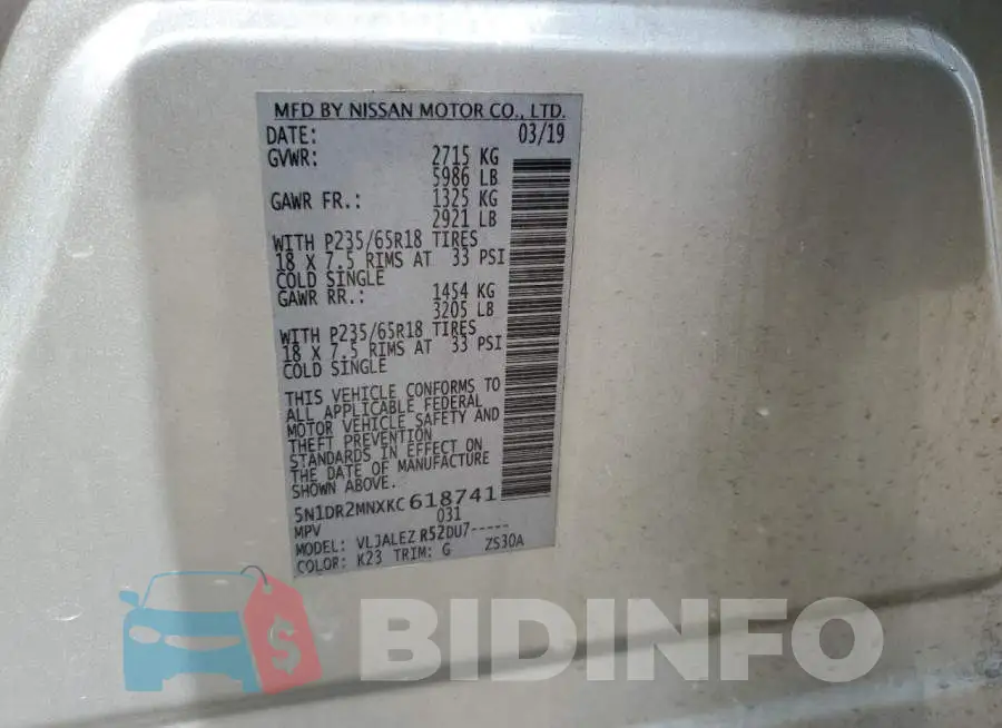 5N1DR2MNXKC618741 Photo# 14
