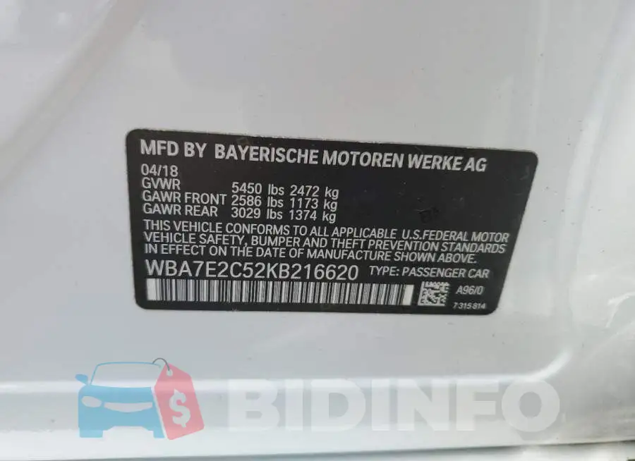 WBA7E2C52KB216620 Photo# 12
