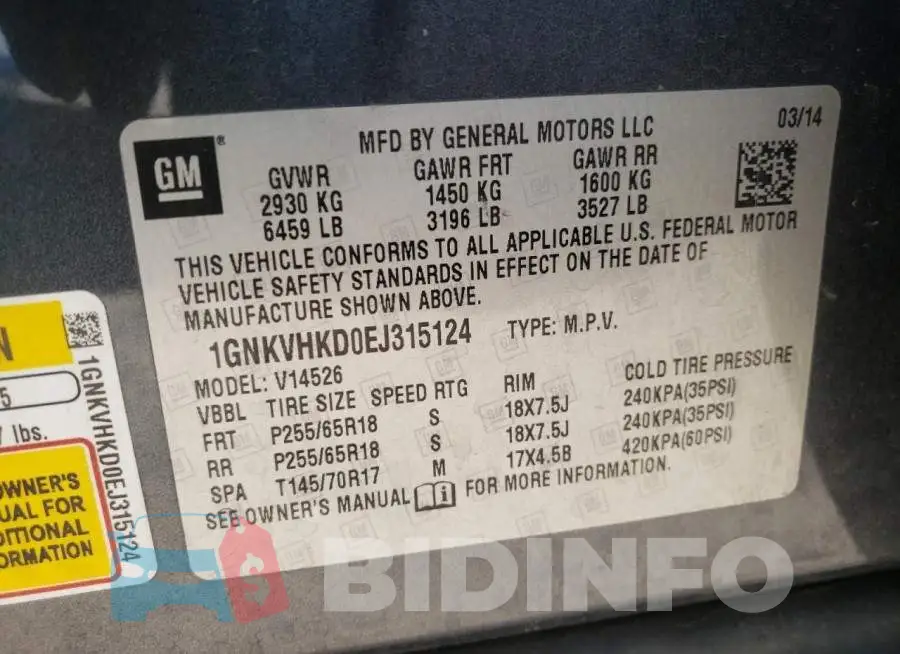 1GNKVHKD0EJ315124 Photo# 12