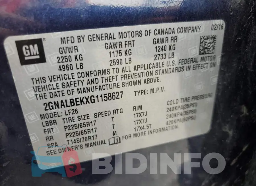 2GNALBEKXG1158627 Photo# 14