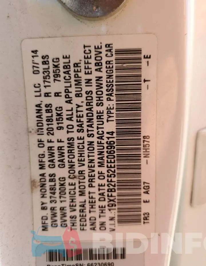 19XFB2F52EE069614 Photo# 12