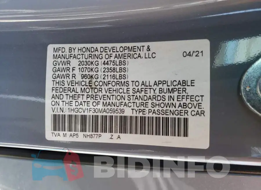 1HGCV1F30MA059539 Photo# 13