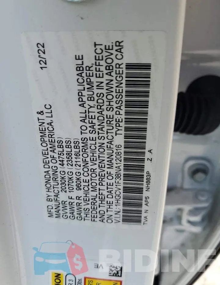 1HGCV1F38NA120816 Photo# 12