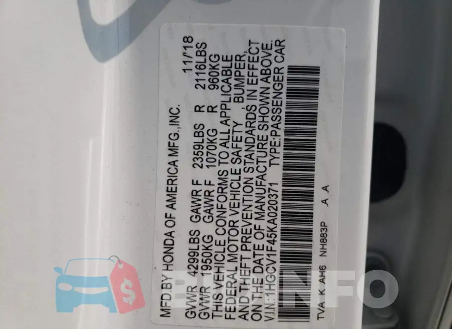 1HGCV1F45KA020371 Photo# 12