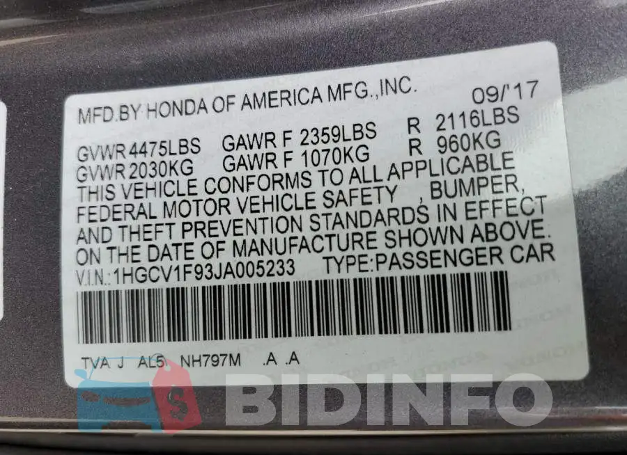 1HGCV1F93JA005233 Photo# 12