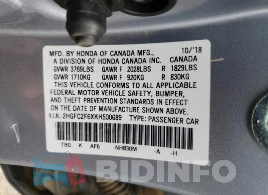 2HGFC2F6XKH500689 Photo# 12
