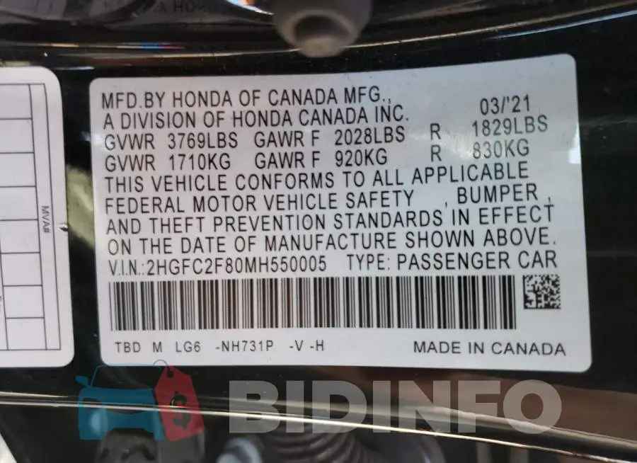 2HGFC2F80MH550005 Photo# 13