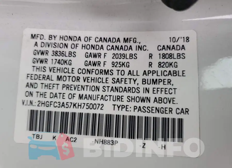 2HGFC3A57KH750072 Photo# 12