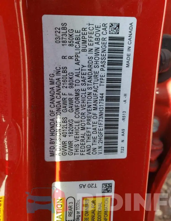 2HGFE1F73NH317944 Photo# 12
