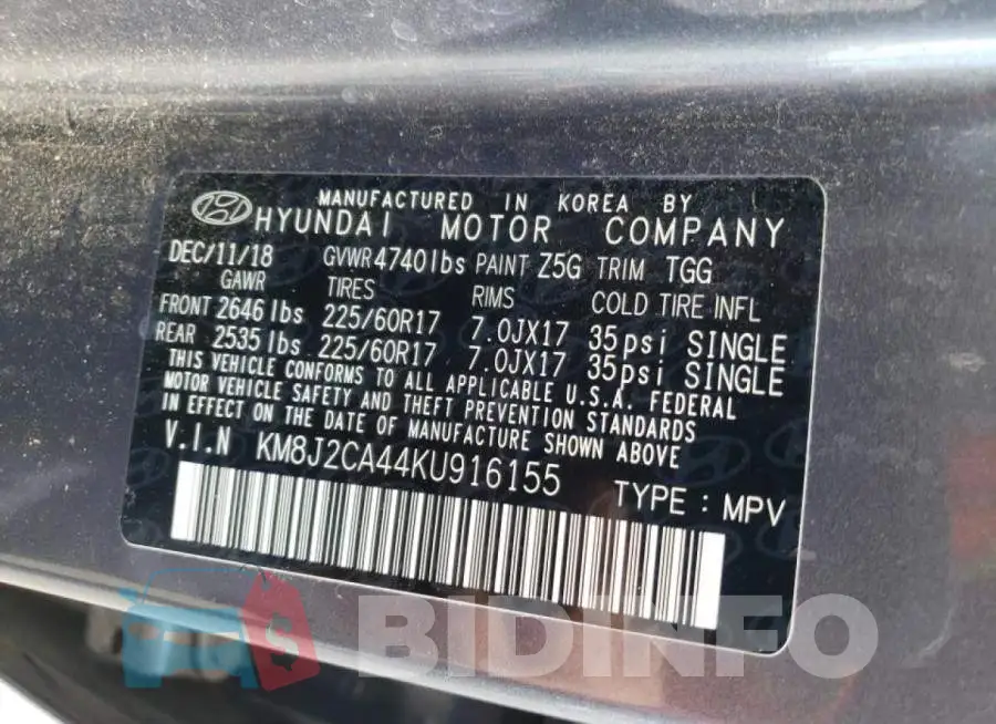 KM8J2CA44KU916155 Photo# 13