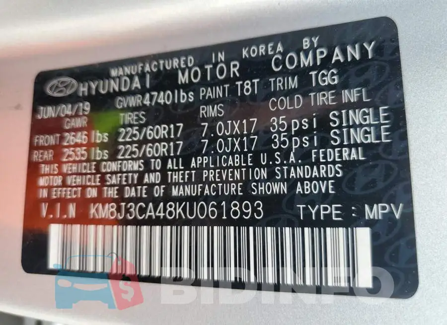 KM8J3CA48KU061893 Photo# 13