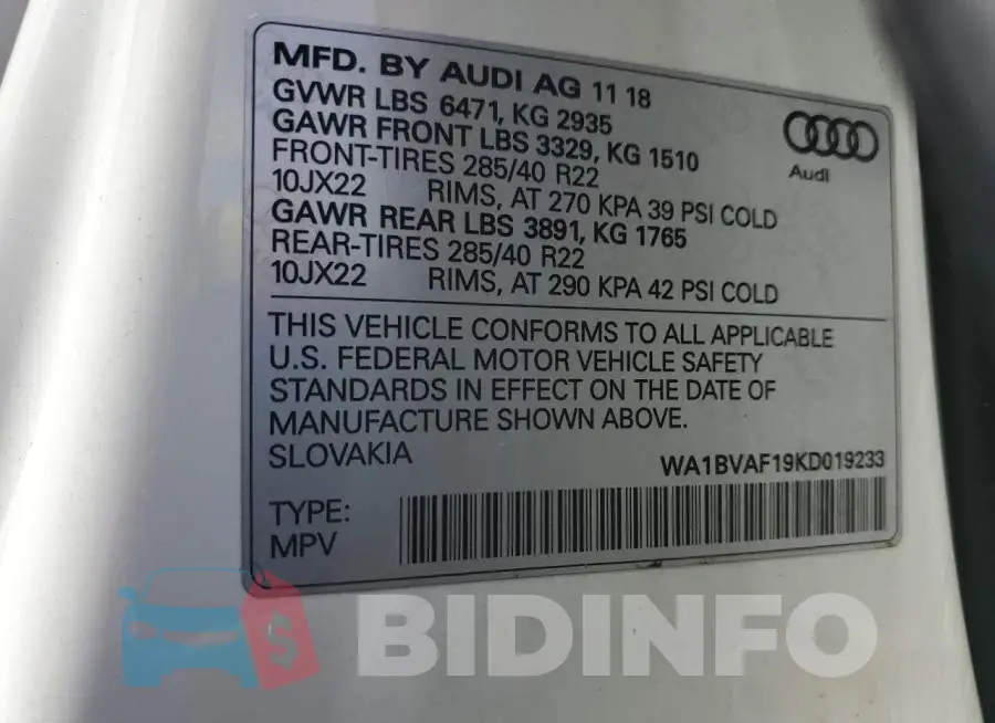 WA1BVAF19KD019233 Photo# 13