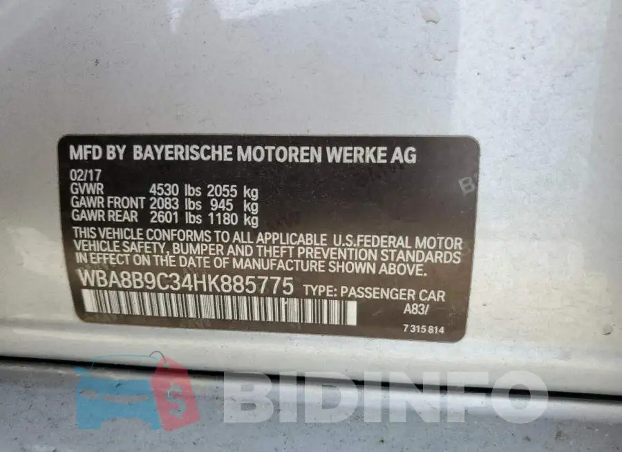WBA8B9C34HK885775 Photo# 12