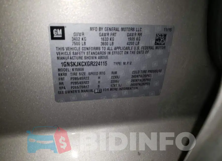 1GNSKJKCXGR224115 Photo# 13