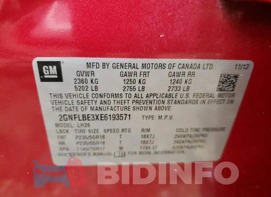 2GNFLBE3XE6193571 Photo# 13