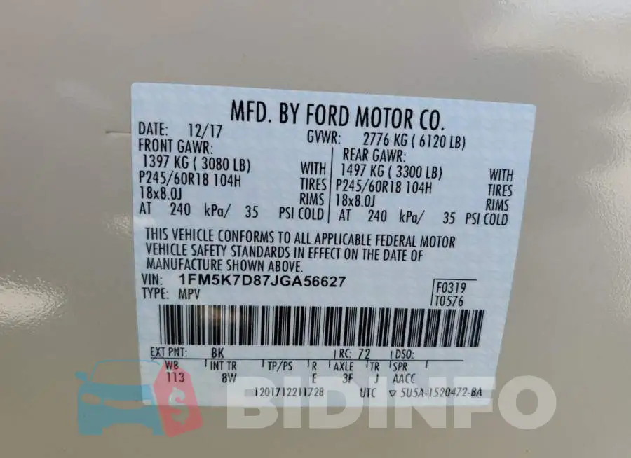 1FM5K7D87JGA56627 Photo# 14