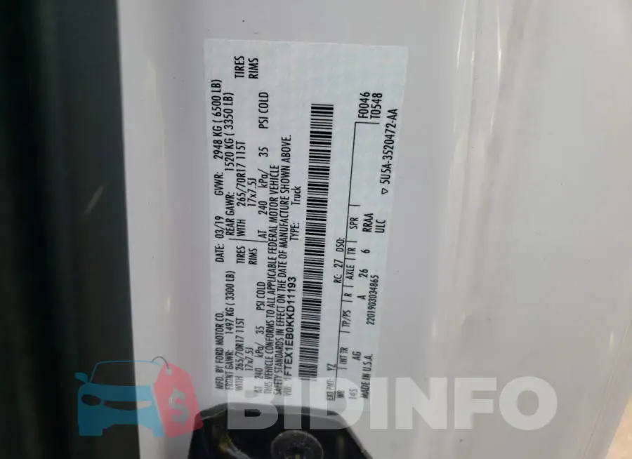 1FTEX1EB0KKD11193 Photo# 12