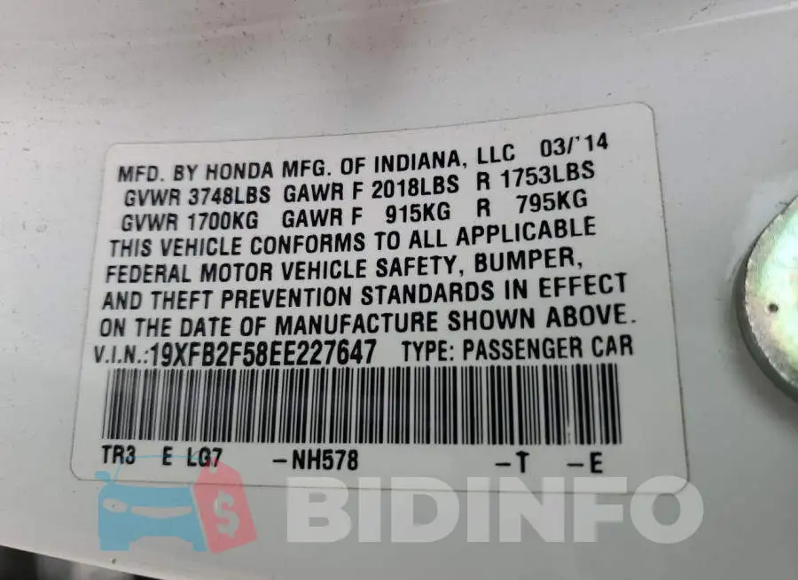 19XFB2F58EE227647 Photo# 13