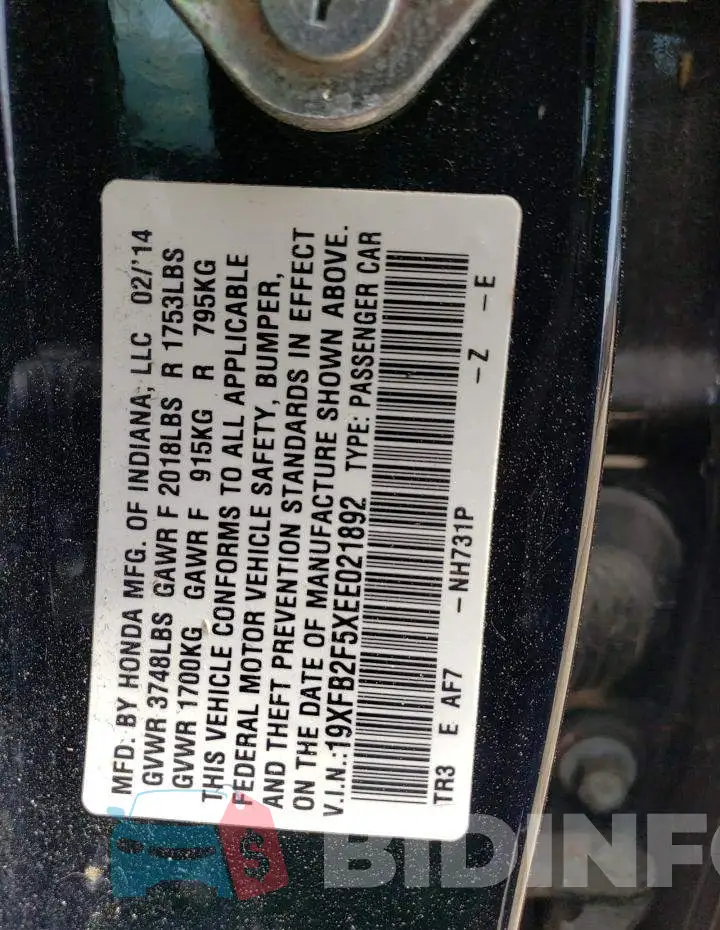 19XFB2F5XEE021892 Photo# 12
