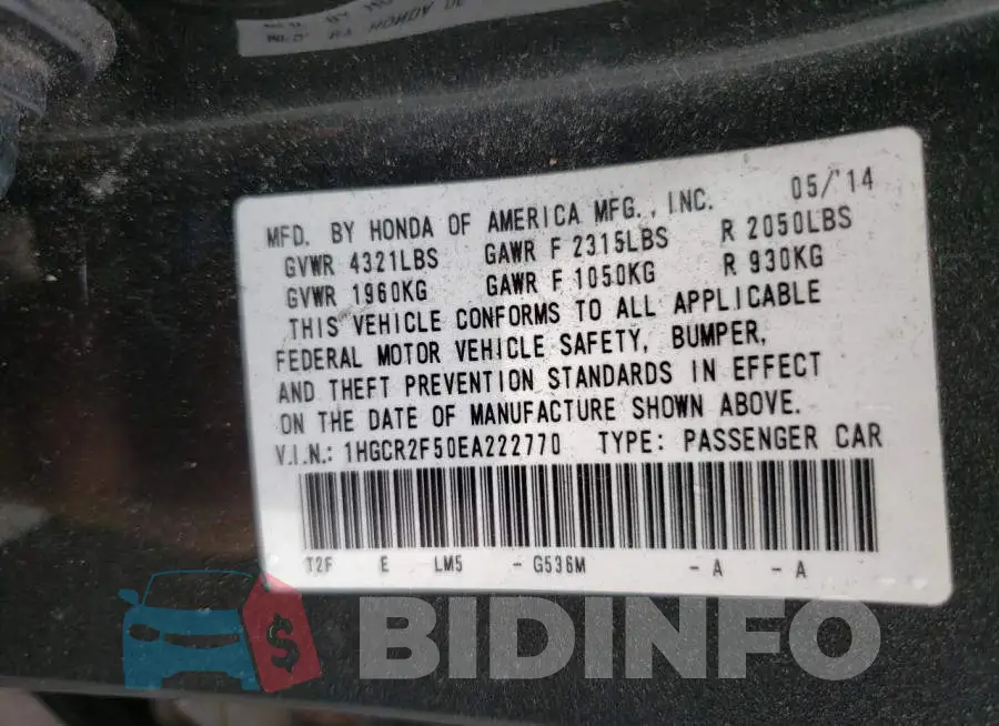 1HGCR2F50EA222770 Photo# 12