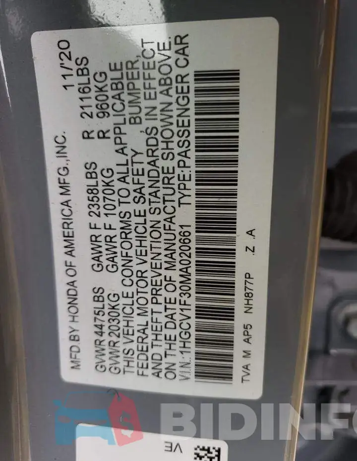 1HGCV1F30MA020661 Photo# 12