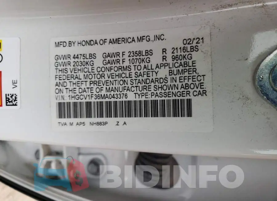 1HGCV1F36MA043376 Photo# 12