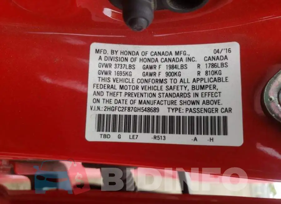 2HGFC2F87GH548689 Photo# 12