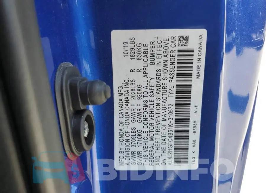 2HGFC4B61KH310572 Photo# 12