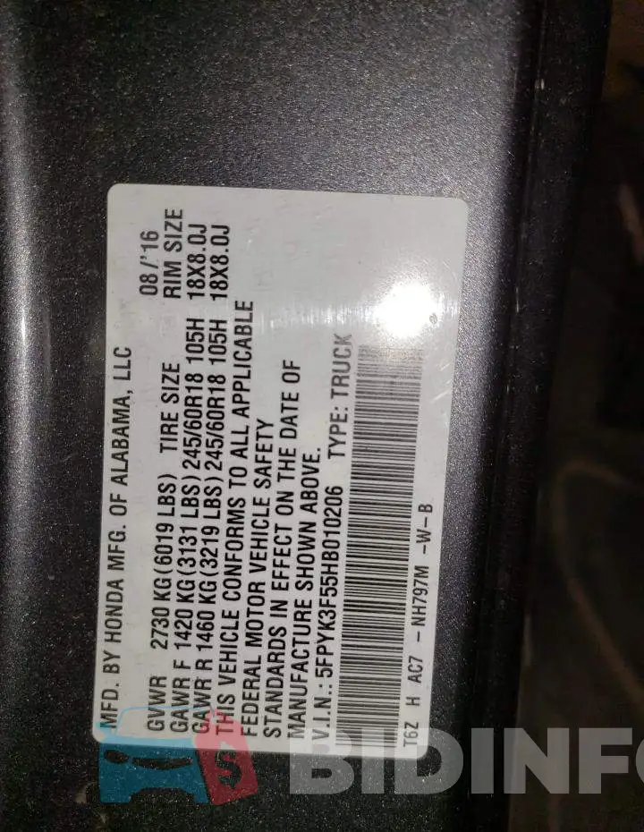 5FPYK3F55HB010206 Photo# 13