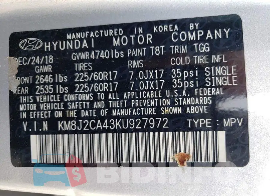 KM8J2CA43KU927972 Photo# 13