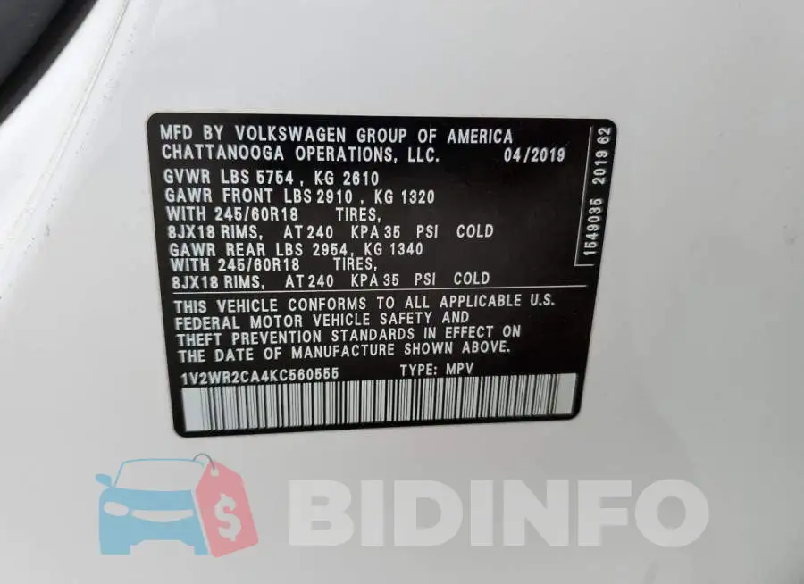 1V2WR2CA4KC560555 Photo# 12