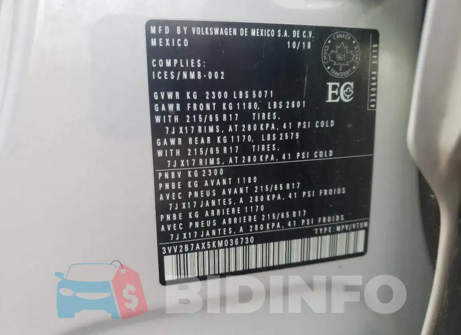 3VV2B7AX5KM036730 Photo# 14