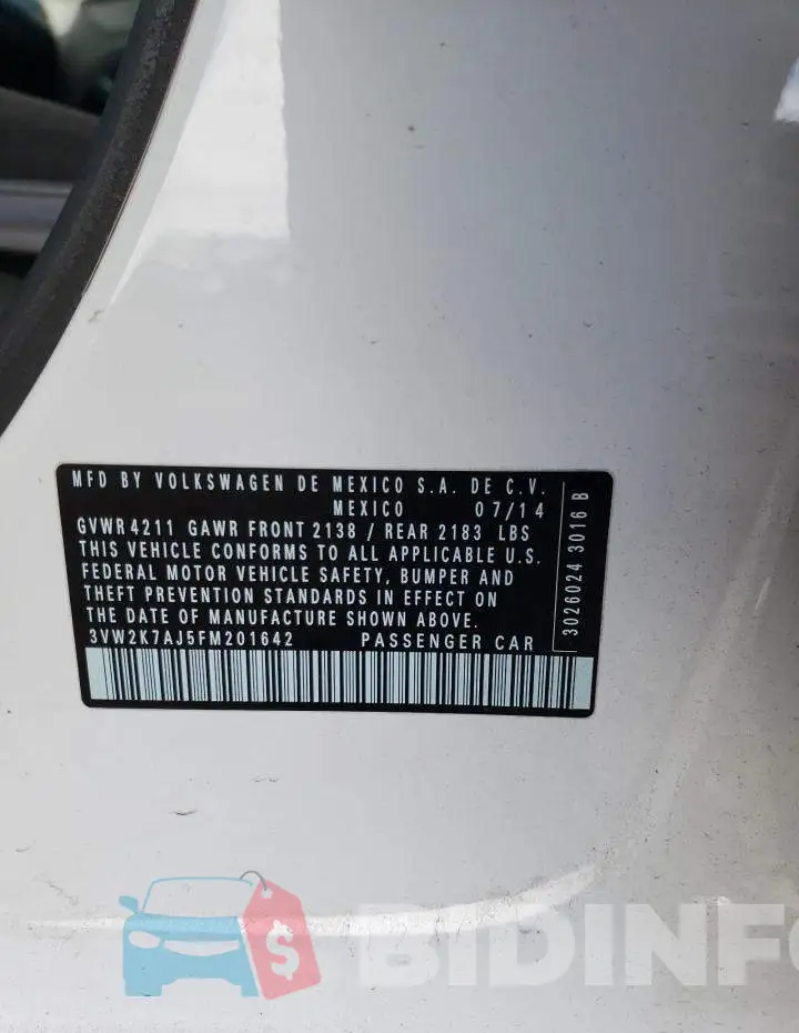 3VW2K7AJ5FM201642 Photo# 12