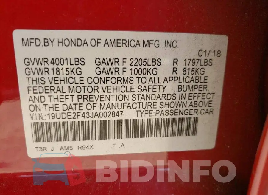 19UDE2F43JA002847 Photo# 12