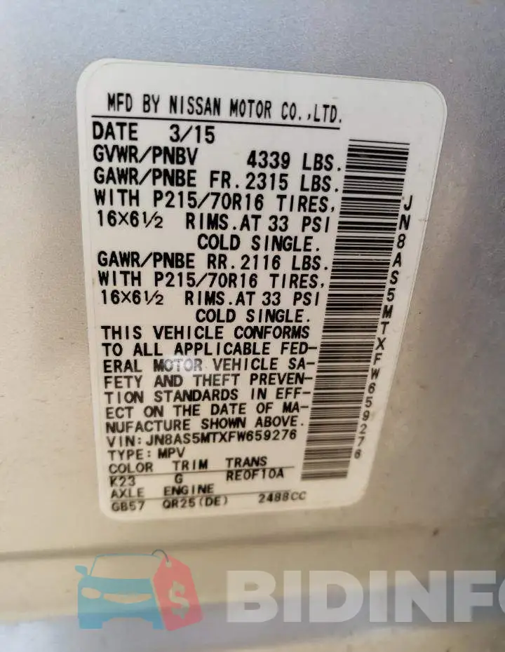 JN8AS5MTXFW659276 Photo# 13