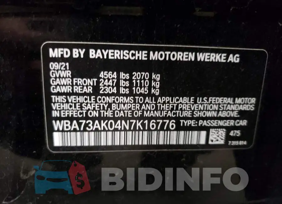 WBA73AK04N7K16776 Photo# 12