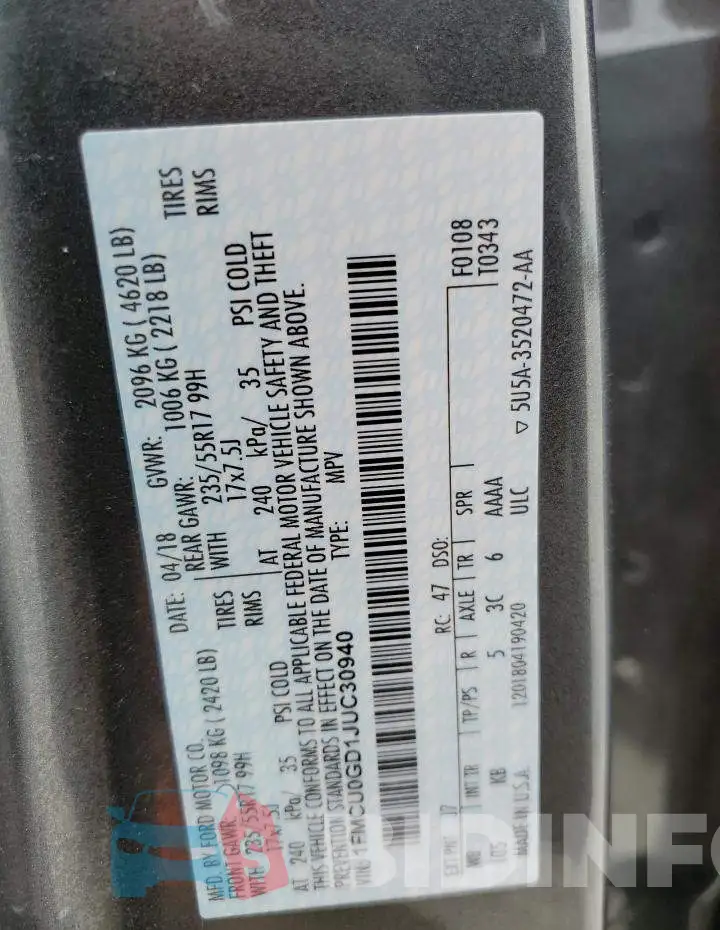 1FMCU0GD1JUC30940 Photo# 12